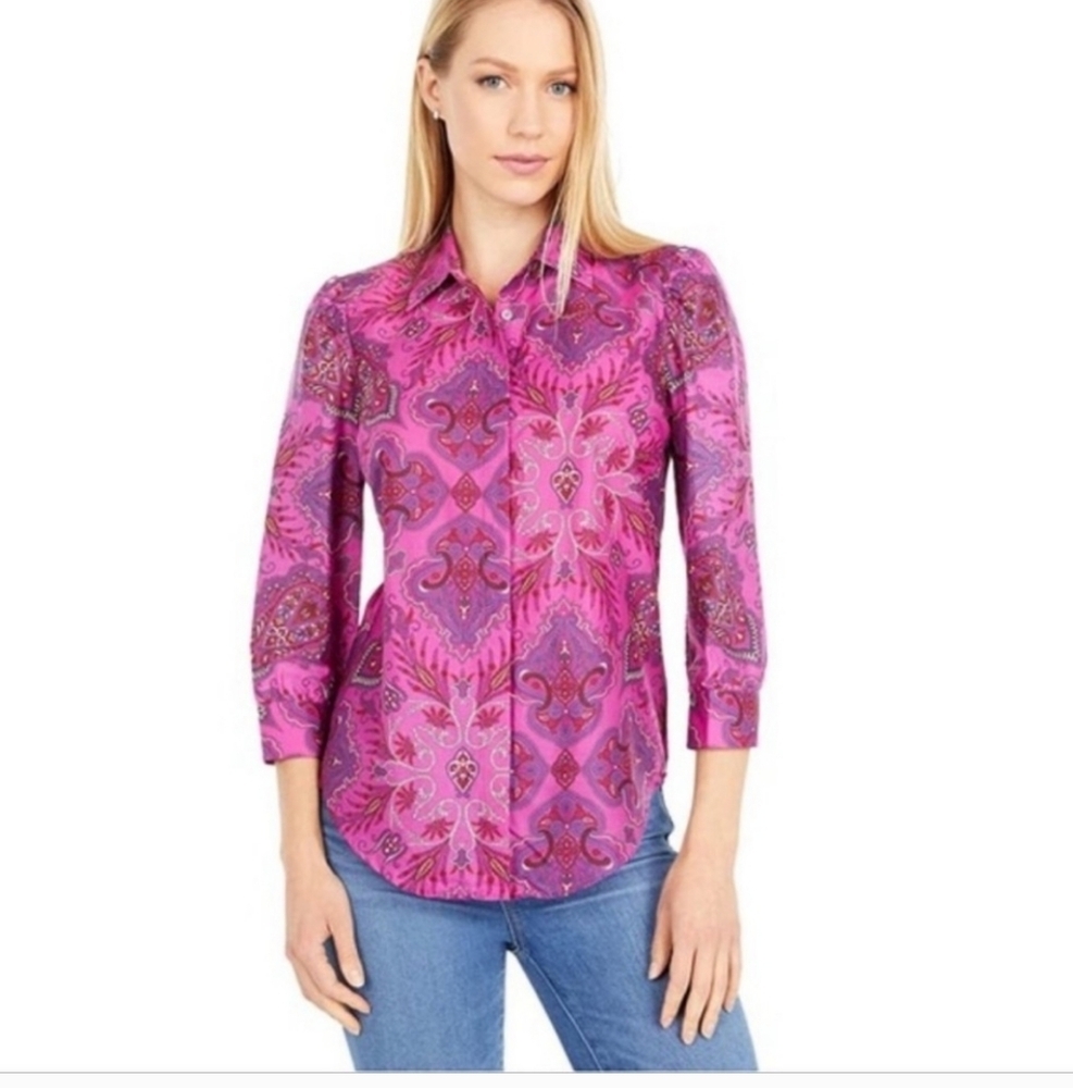 J. Crew Liberty London Magenta Paisley Button Serena Puff Sleeve Shirt Top